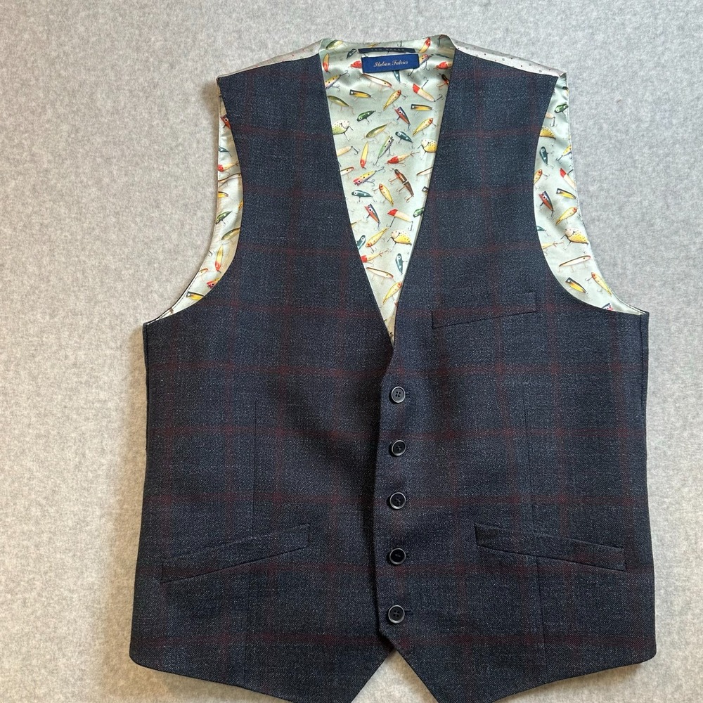 Ted Baker London Italian Fabric 40R Wool Waistcoat Vest Fishing Lure Lining